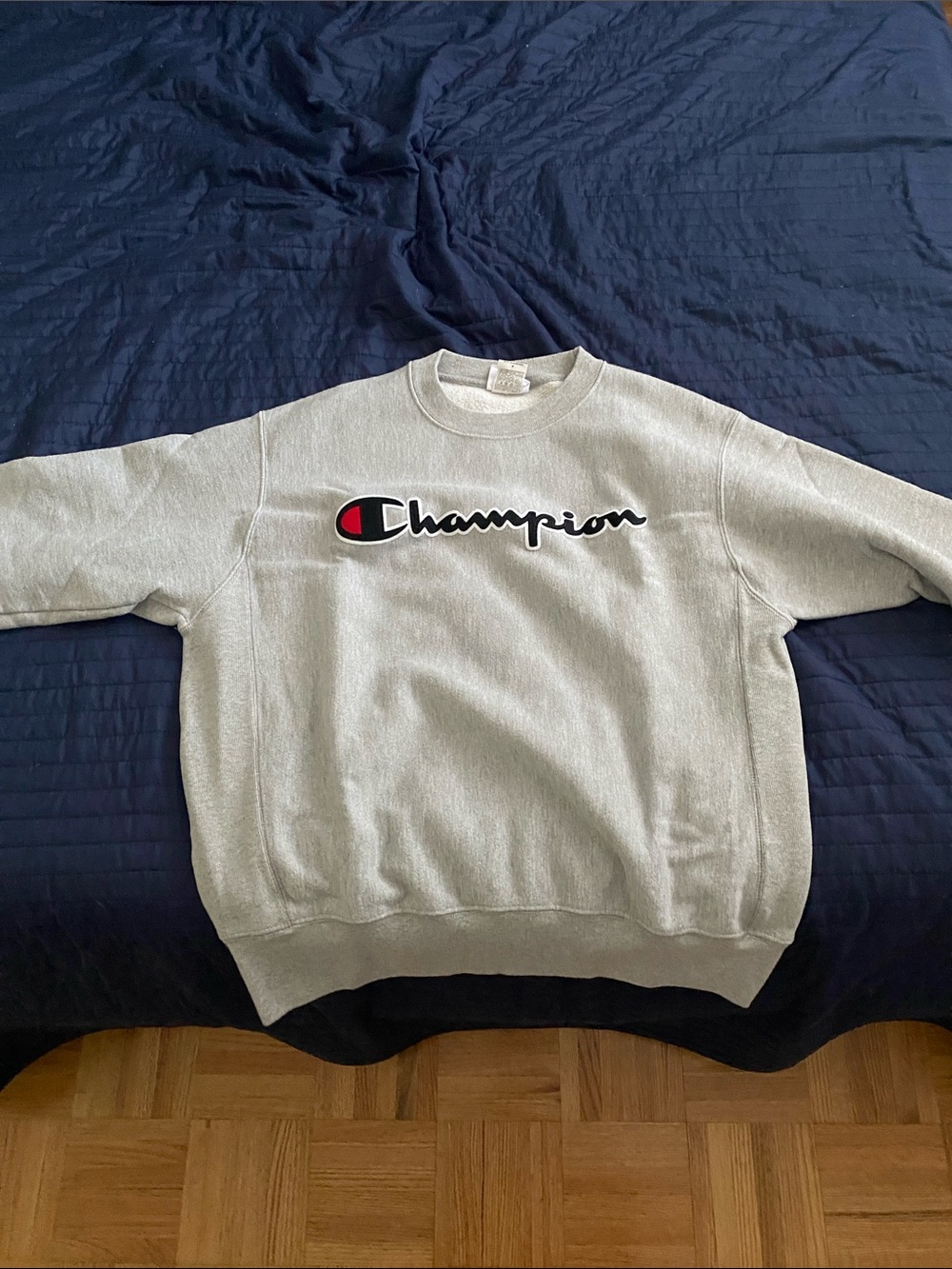 Champion Light Gray Crewneck with Red & Black Logo